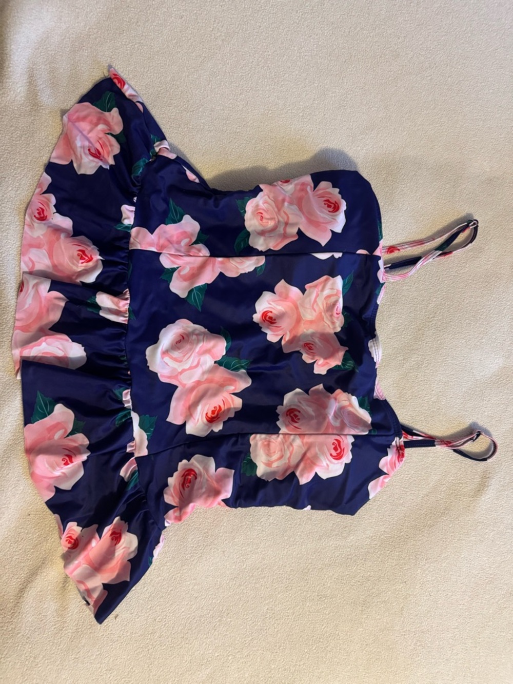 Cute White Lined swim top Navy with pink flowers